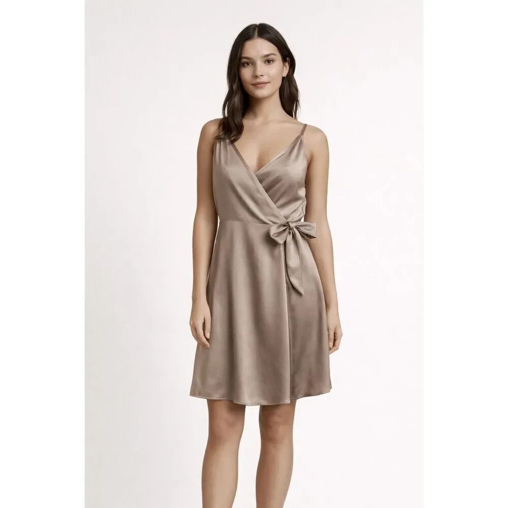 Express XS Taupe Satin Wrap Dress Spaghetti Strap Tie Waist